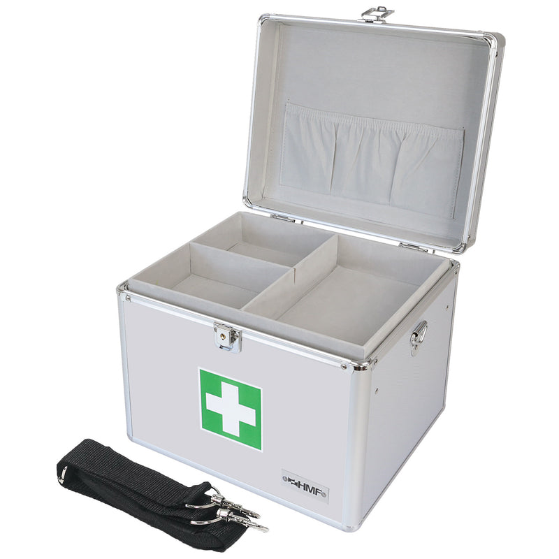 Medizinkoffer oder Erste Hilfe Koffer aus Aluminium von HMF mit den Maßen 30 x 25 x 25 cm in Silber