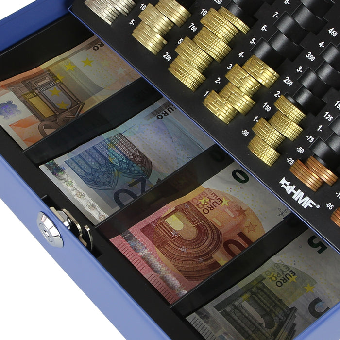 Geldkassette mit einem Euro-Münzzählbrett von HMF mit 30 cm Breite in Blau
