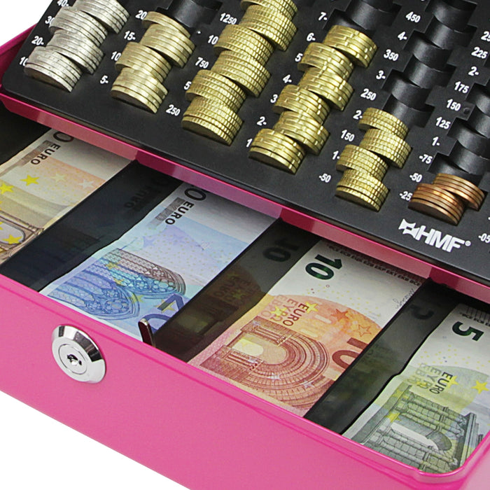 Geldkassette mit einem Euro-Münzzählbrett von HMF mit 30 cm Breite in Pink
