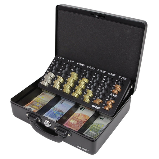 HMF Money box 208-02 with EURO coin tray, 20 x 16 x 9 cm, alloy steel, key lock, black HMF Money box 208-02 with EURO coin tray, 20 x 16 x 9 cm, alloy steel, key lock, black
