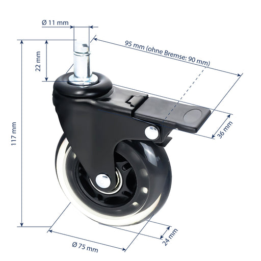 Bürostuhl Rollen im 5er Set von HMF mit 11 mm Durchmesser in Schwarz
