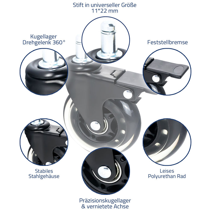 Bürostuhl Rollen im 5er Set von HMF mit 11 mm Durchmesser in Schwarz