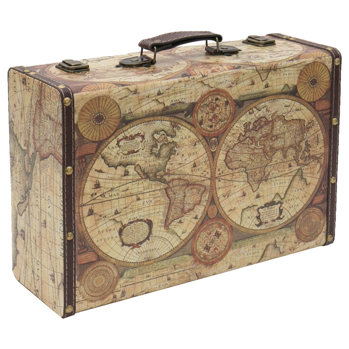 Vintage Holzkoffer mit fabiger Weltkarte Design von HMF mit 38 cm Breite in verschiedenen Größen