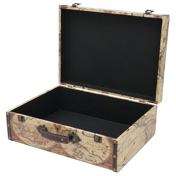 Vintage Holzkoffer mit fabiger Weltkarte Design von HMF mit 44 cm Breite in verschiedenen Größen