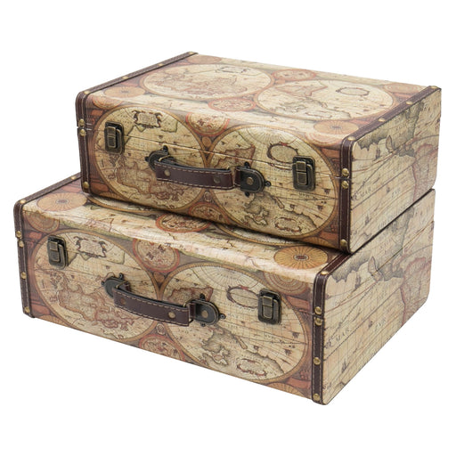 Vintage Holzkoffer mit fabiger Weltkarte Design von HMF im Set in verschiedenen Größen
