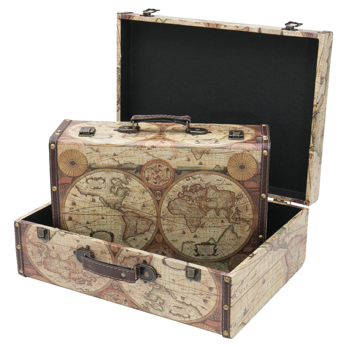 Vintage Holzkoffer mit fabiger Weltkarte Design von HMF im Set in verschiedenen Größen