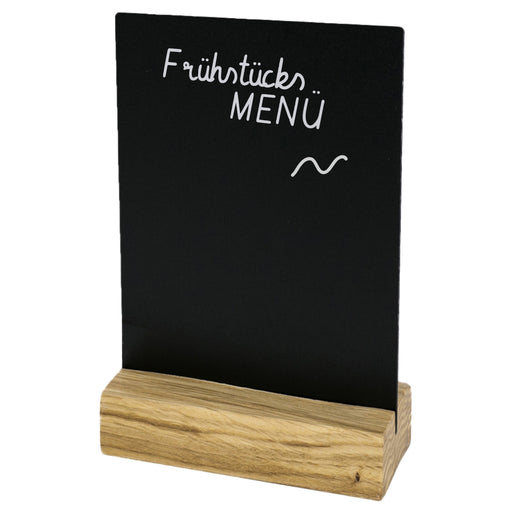 Kreidetafel mit Holzfuß als Tischaufsteller von HMF in DIN A6 Hochformat in Schwarz