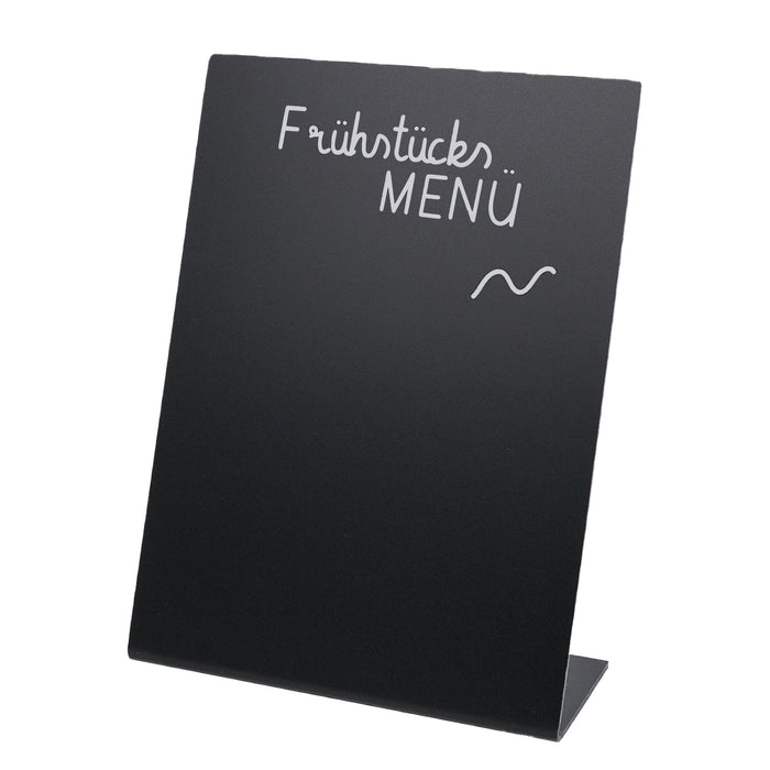 Kreidetafel als Tischaufsteller von HMF in DIN A6 Hochformat als L-Ständer in Schwarz