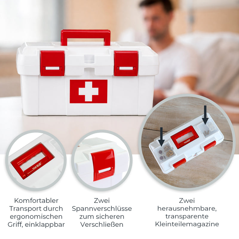 Erste Hilfe Kasten zur Medikamenten Aufbewahrung von HMF, Medizinbox leer für Sportverein, Betrieb oder Zuhause, 37 x 20 x 18,5 cm