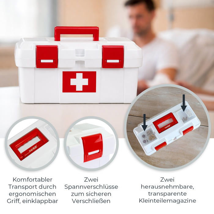 Erste Hilfe Kasten zur Medikamenten Aufbewahrung von HMF, Medizinbox leer für Sportverein, Betrieb oder Zuhause, 37 x 20 x 18,5 cm