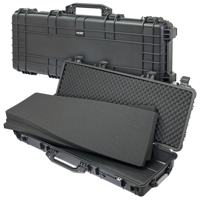 HMF Outdoor Waffenkoffer für Langwaffen Wasserdichter IP67 Gewehrkoffer mit Rasterschaumstoff 113 cm in Schwarz