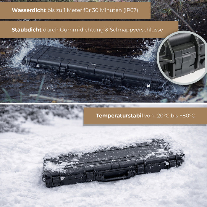 HMF Outdoor Waffenkoffer für Langwaffen Wasserdichter IP67 Gewehrkoffer mit Rasterschaumstoff 113 cm in Schwarz