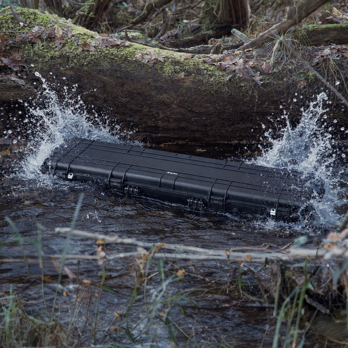 HMF Outdoor Waffenkoffer für Langwaffen Wasserdichter IP67 Gewehrkoffer mit Rasterschaumstoff 113 cm in Schwarz
