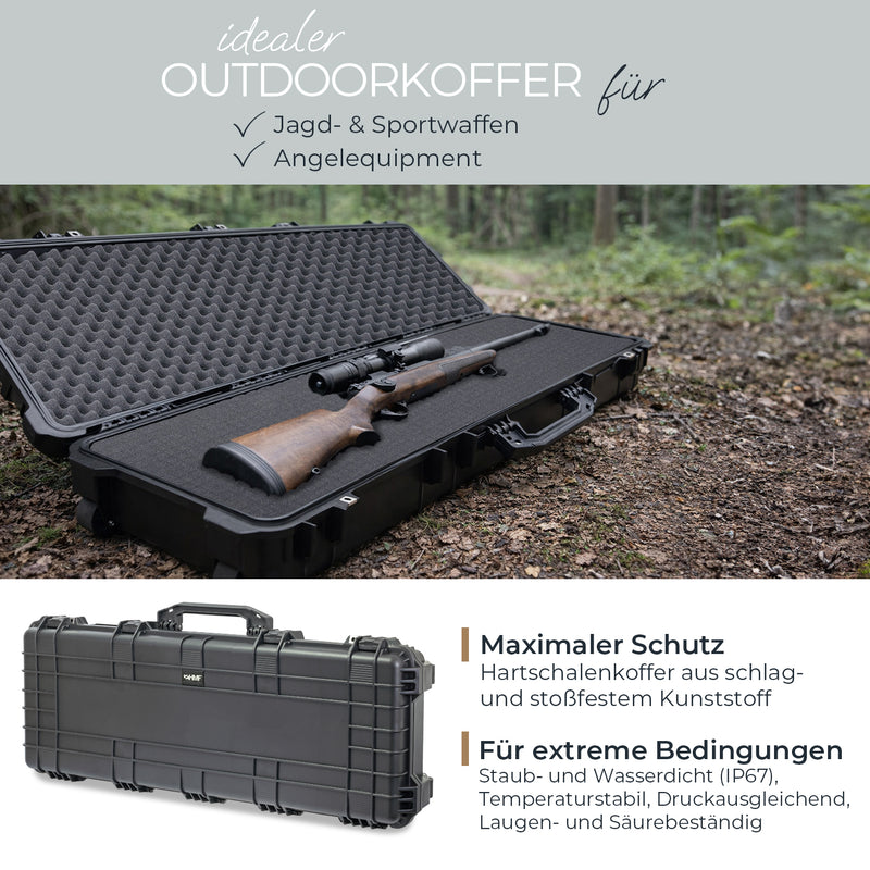 HMF Outdoor Waffenkoffer für Langwaffen Wasserdichter IP67 Gewehrkoffer mit Rasterschaumstoff 113 cm in Schwarz