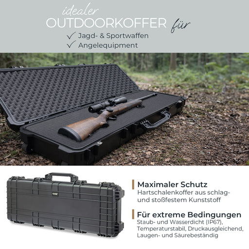 HMF Outdoor Waffenkoffer für Langwaffen Wasserdichter IP67 Gewehrkoffer mit Rasterschaumstoff 113 cm in Schwarz