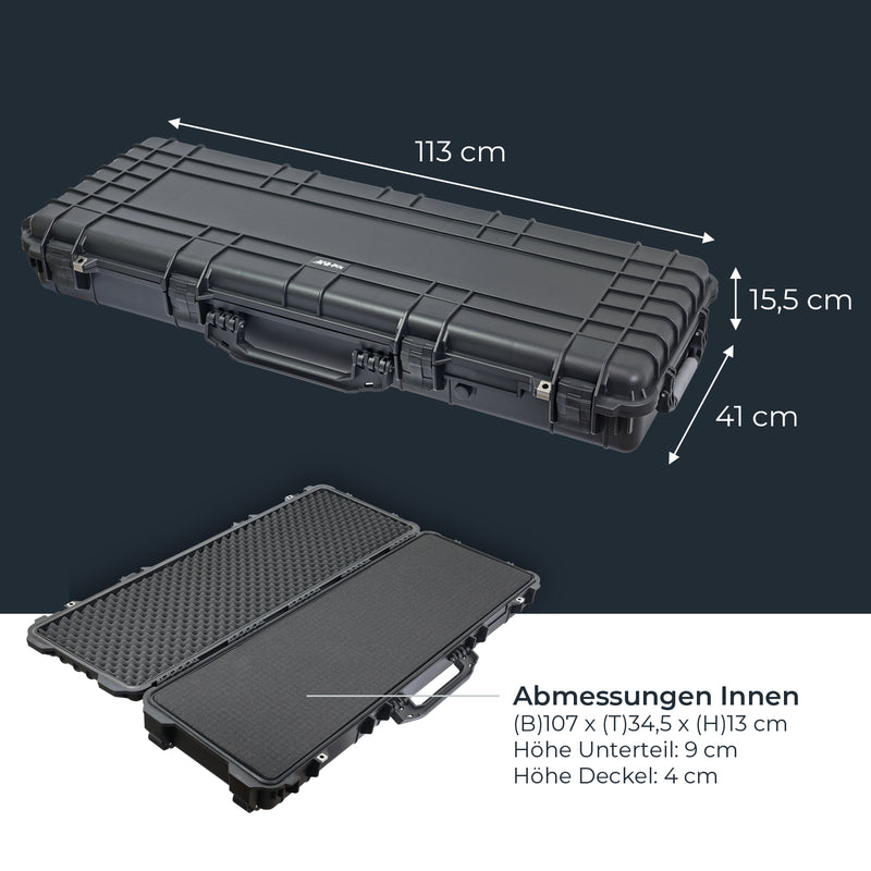 HMF Outdoor Waffenkoffer für Langwaffen Wasserdichter IP67 Gewehrkoffer mit Rasterschaumstoff 113 cm in Schwarz