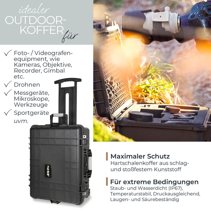 HMF Outdoor-Trolley Fotokoffer mit Rasterschaumstoff 58,5 x 45 x 27,5 cm in Schwarz