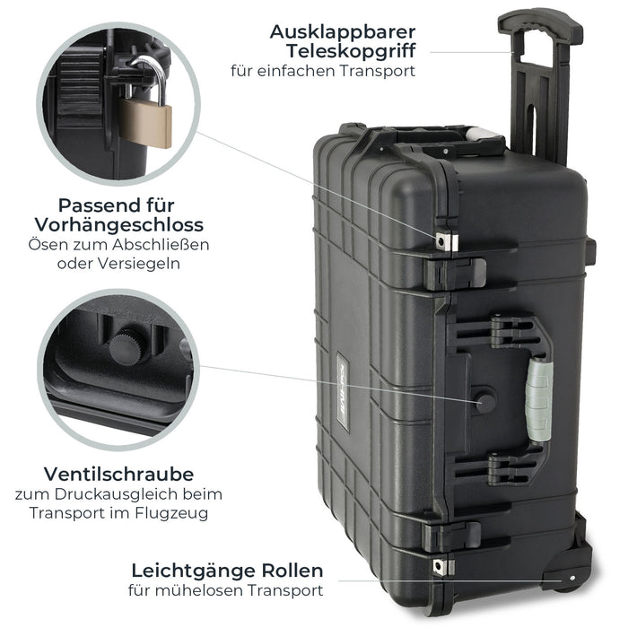 HMF Outdoor-Trolley Fotokoffer mit Rasterschaumstoff 58,5 x 45 x 27,5 cm in Schwarz