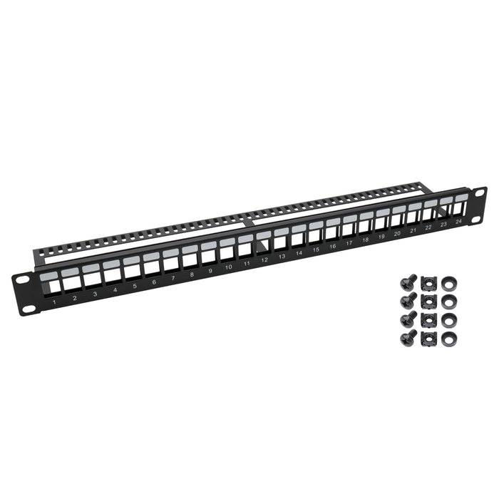 UTP Keystone-Patchpanel für 19 Zoll Serverschränke von HMF mit 24 Ports RJ45 in Schwarz