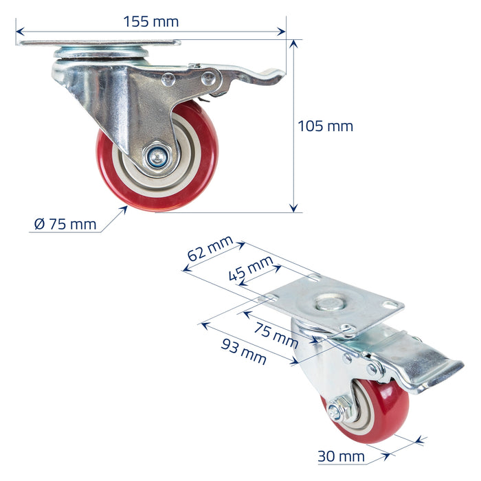 Schwerlastrollen aus Polyurethan mit Bremse im 4er Set von HMF mit 75 mm Durchmesser in Rot