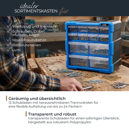 Sortierbox von HMF aus Kunststoff mit 12 Schubladen, 24 Fächer, 26,5 x 26 x 16 cm, Blau