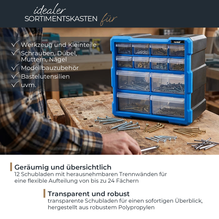 Sortierbox von HMF aus Kunststoff mit 12 Schubladen, 24 Fächer, 26,5 x 26 x 16 cm, Blau