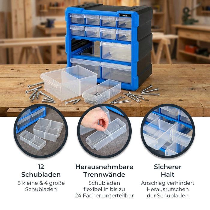 Sortierbox von HMF aus Kunststoff mit 12 Schubladen, 24 Fächer, 26,5 x 26 x 16 cm, Blau