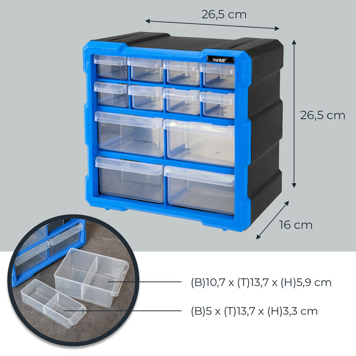 Sortierbox von HMF aus Kunststoff mit 12 Schubladen, 24 Fächer, 26,5 x 26 x 16 cm, Blau