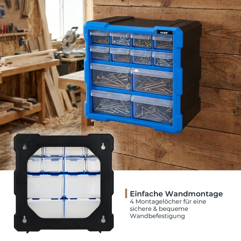 Sortierbox von HMF aus Kunststoff mit 12 Schubladen, 24 Fächer, 26,5 x 26 x 16 cm, Blau