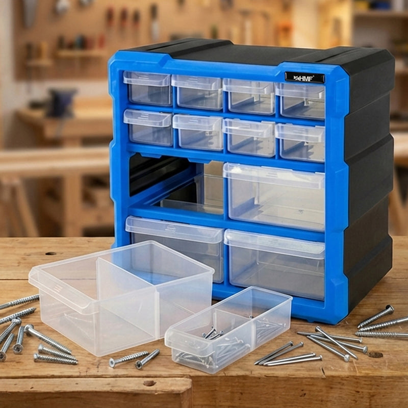 Sortierbox von HMF aus Kunststoff mit 12 Schubladen, 24 Fächer, 26,5 x 26 x 16 cm, Blau