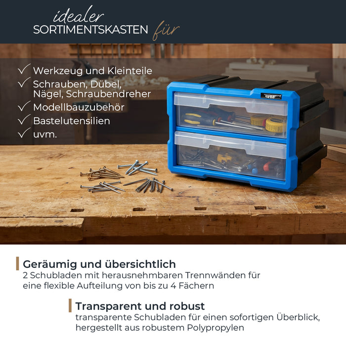 HMF Sortierbox für Kleinteile mit 2 Schubladen und 4 Fächern in Blau-Schwarz