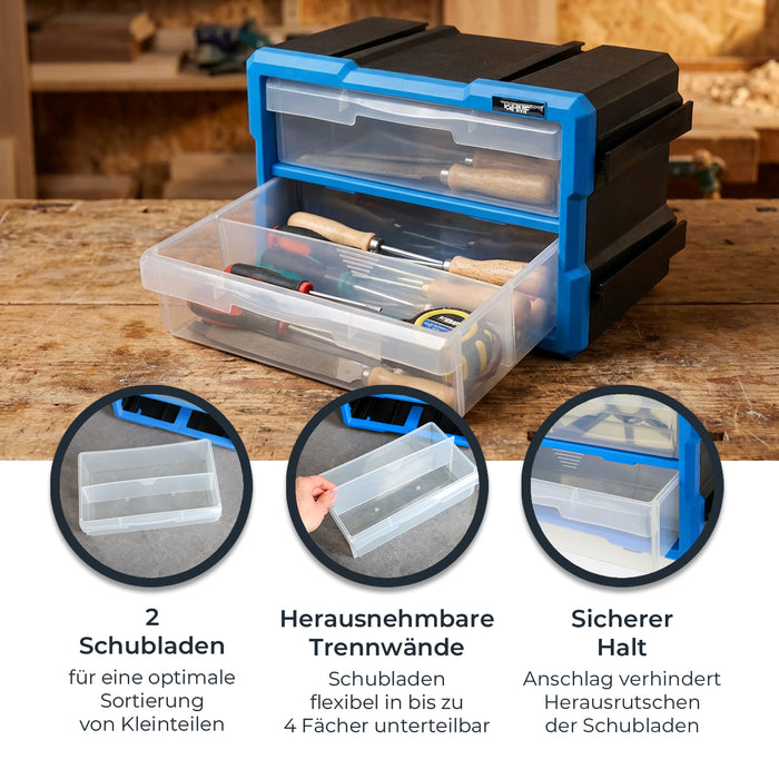 HMF Sortierbox für Kleinteile mit 2 Schubladen und 4 Fächern in Blau-Schwarz