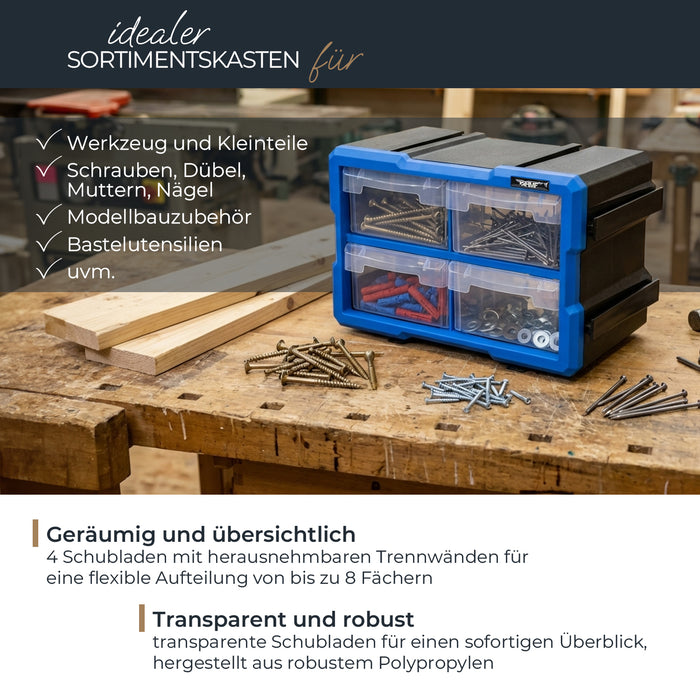 HMF Sortierbox für Kleinteile mit 4 Schubladen und 8 Fächern in Blau-Schwarz