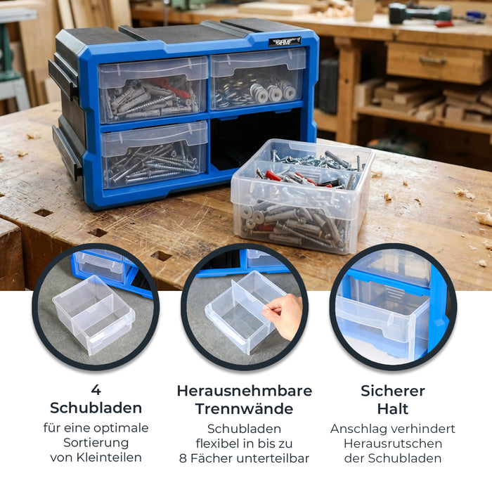 HMF Sortierbox für Kleinteile mit 4 Schubladen und 8 Fächern in Blau-Schwarz