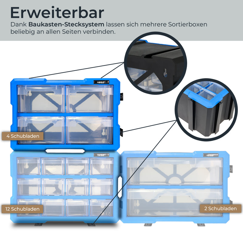 HMF Sortierbox für Kleinteile mit 4 Schubladen und 8 Fächern in Blau-Schwarz