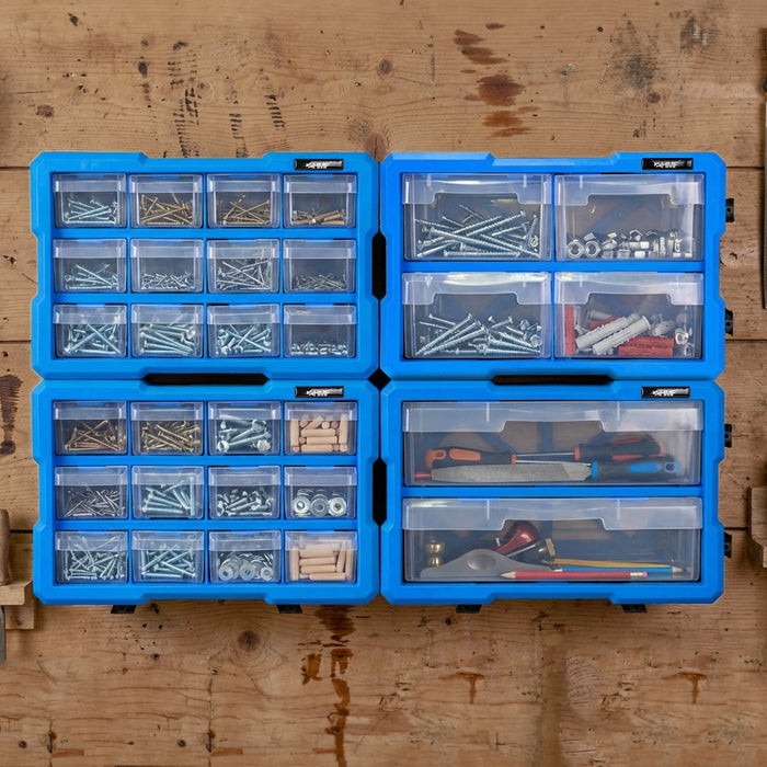 HMF Sortierbox für Kleinteile mit 4 Schubladen und 8 Fächern in Blau-Schwarz