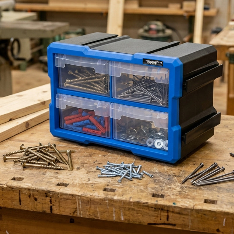 HMF Sortierbox für Kleinteile mit 4 Schubladen und 8 Fächern in Blau-Schwarz