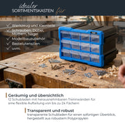HMF Sortierbox für Kleinteile mit 12 Schubladen und 24 Fächern in Blau-Schwarz
