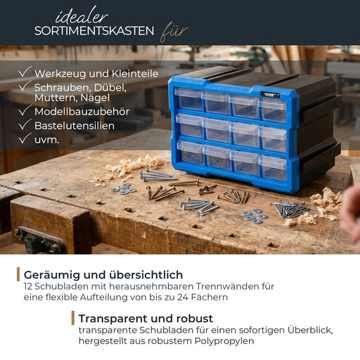 HMF Sortierbox für Kleinteile mit 12 Schubladen und 24 Fächern in Blau-Schwarz