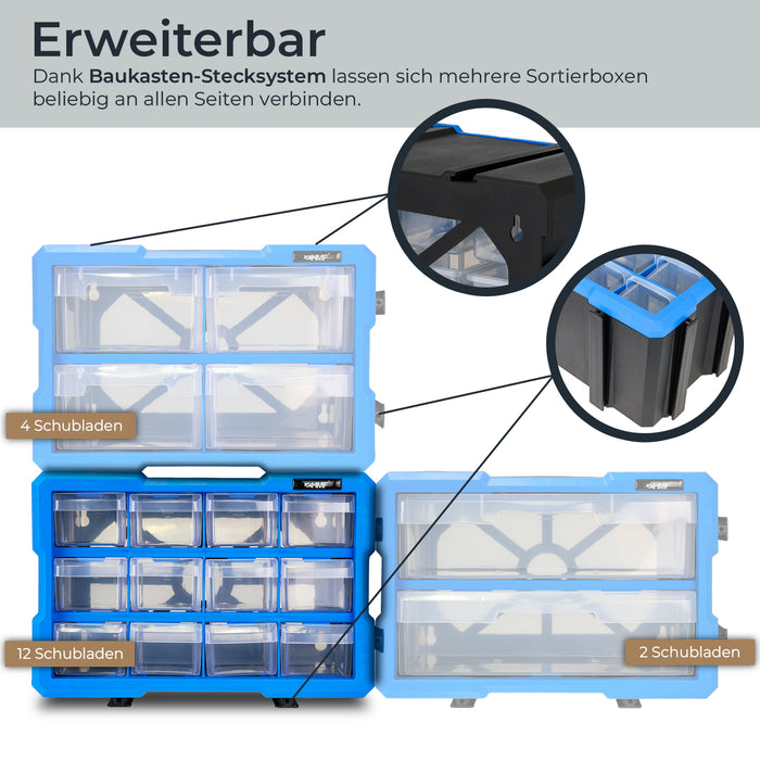 HMF Sortierbox für Kleinteile mit 12 Schubladen und 24 Fächern in Blau-Schwarz