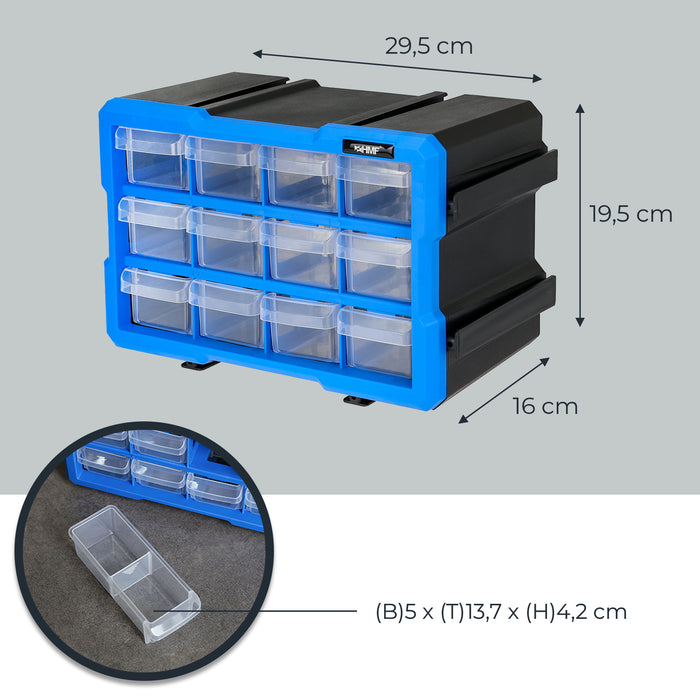 HMF Sortierbox für Kleinteile mit 12 Schubladen und 24 Fächern in Blau-Schwarz