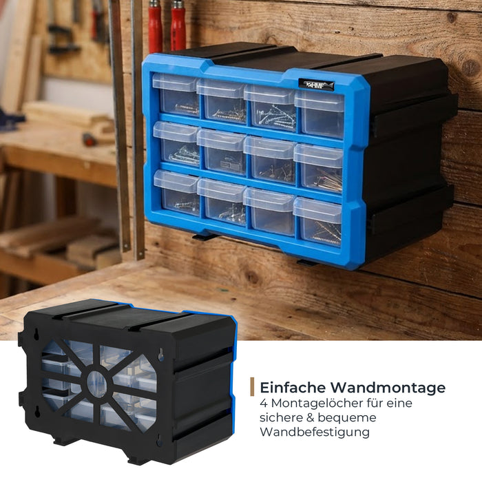 HMF Sortierbox für Kleinteile mit 12 Schubladen und 24 Fächern in Blau-Schwarz