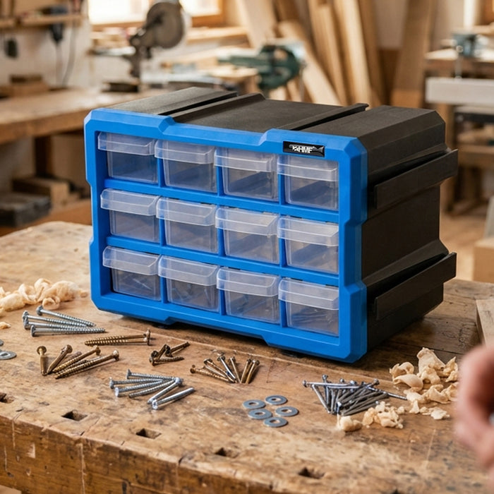 HMF Sortierbox für Kleinteile mit 12 Schubladen und 24 Fächern in Blau-Schwarz