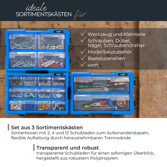 HMF Sortierbox für Kleinteile 3er Set mit insgesamt 36 Fächern in Blau-Schwarz