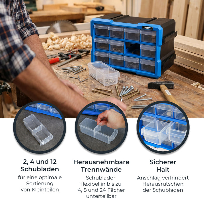 HMF Sortierbox für Kleinteile 3er Set mit insgesamt 36 Fächern in Blau-Schwarz