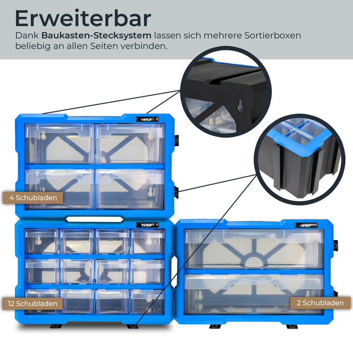 HMF Sortierbox für Kleinteile 3er Set mit insgesamt 36 Fächern in Blau-Schwarz