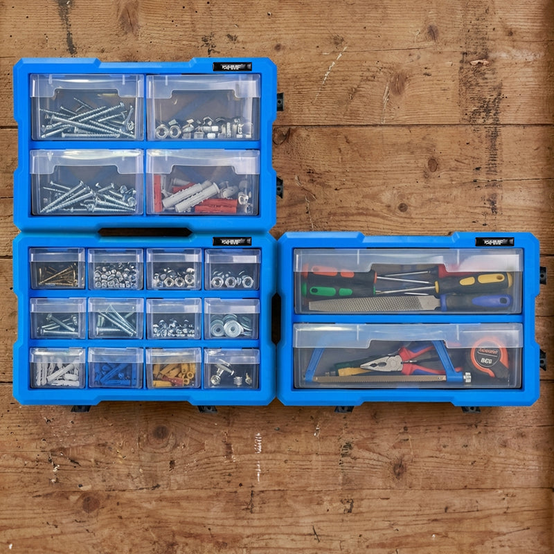HMF Sortierbox für Kleinteile 3er Set mit insgesamt 36 Fächern in Blau-Schwarz