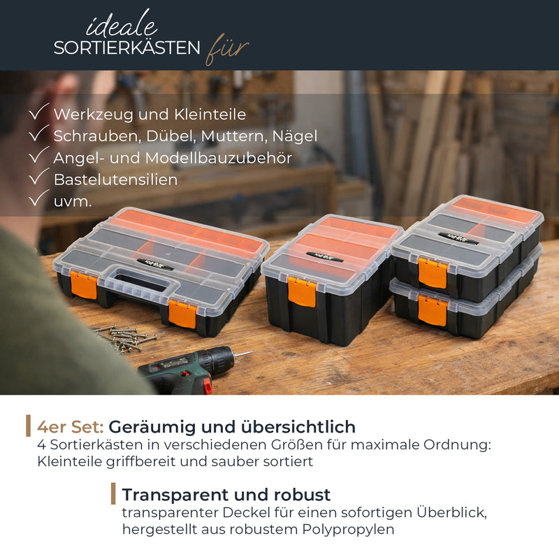 Sortierbox 4-teilig leer, Sortimentskasten für Werkzeug und Kleinteile bei HMF kaufen. —