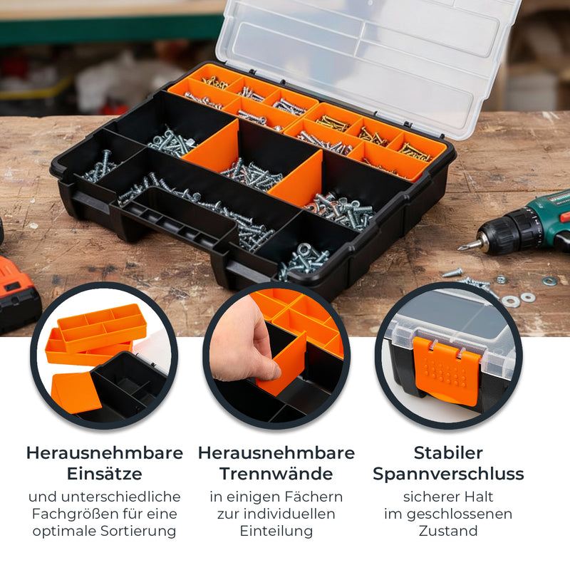 Sortierbox 4-teilig leer, Sortimentskasten für Werkzeug und Kleinteile, HMF STK301-18, 49 Fächer, transparenter Deckel, Schwarz-Orange
