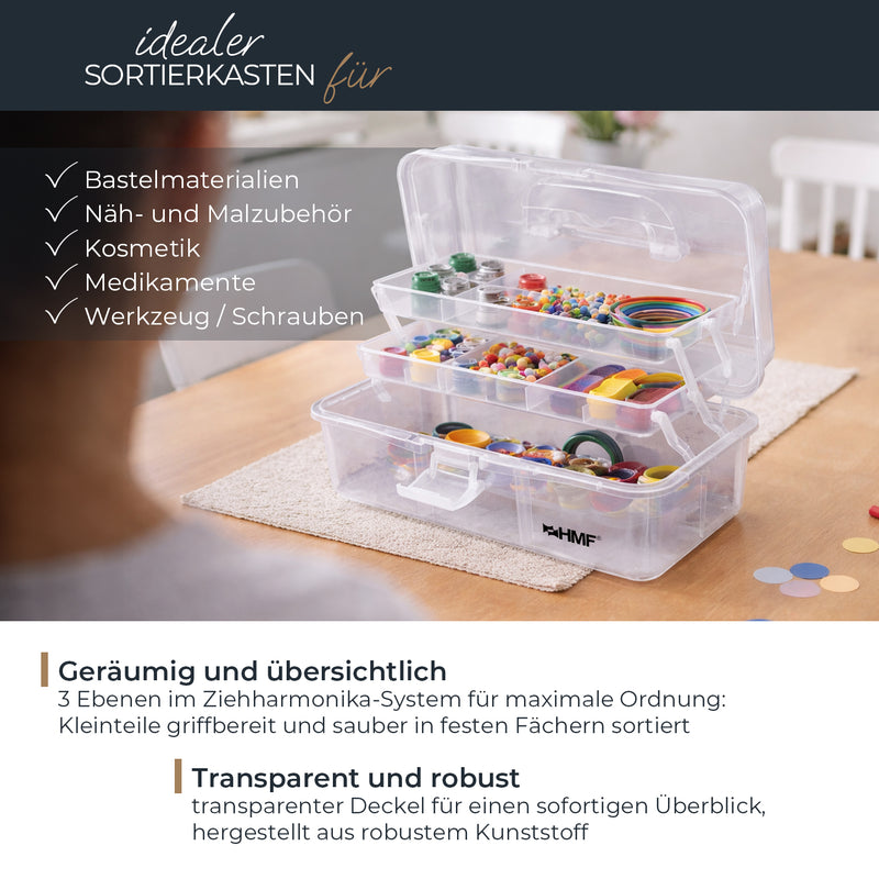 HMF Nähkasten aufklappbar mit 3 Ebenen, Sortierbox für Kleinteile in Transparent